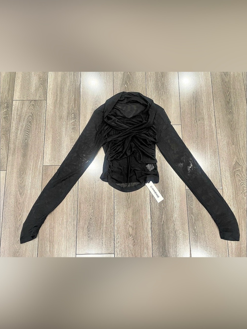 COMMENSE Black Ruched Mesh Top Size Small NWT